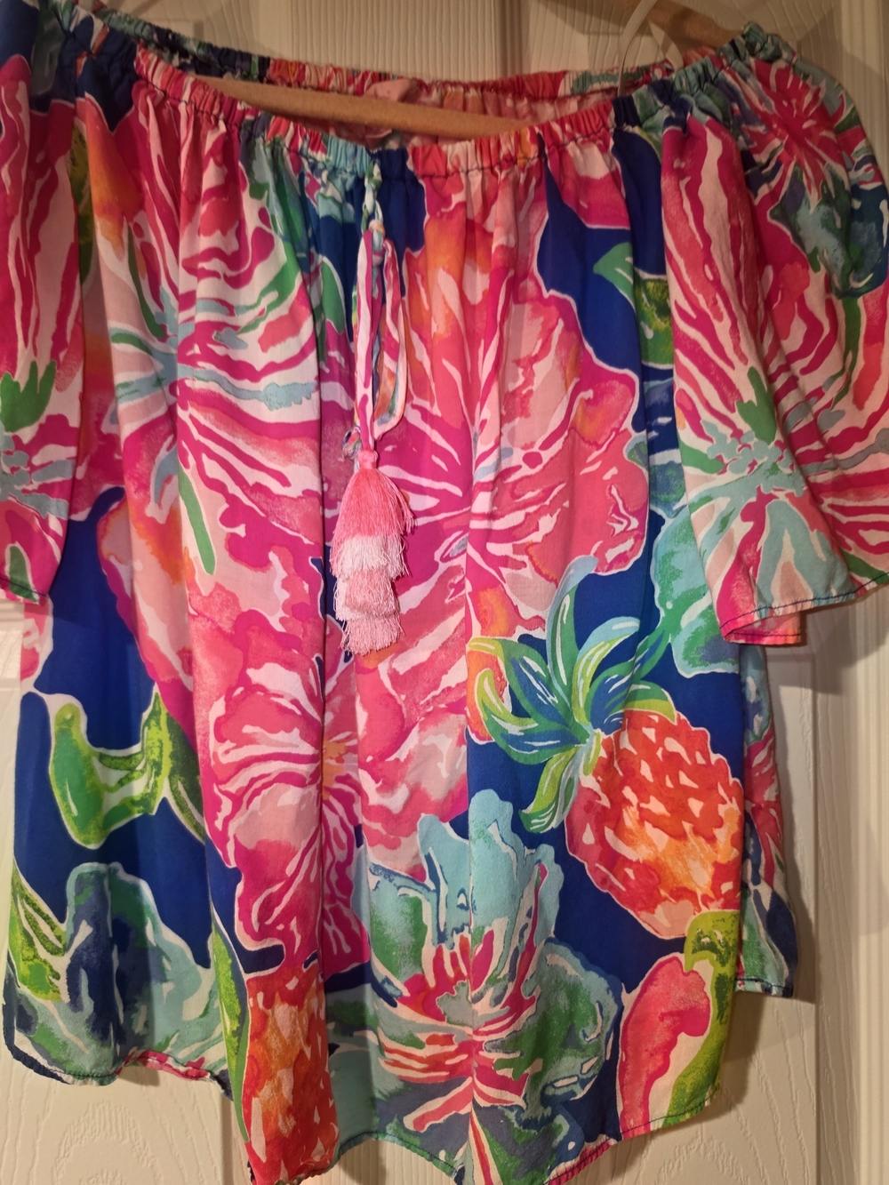 Women’s Off-Shoulder Floral Print Top in Pink & Blue